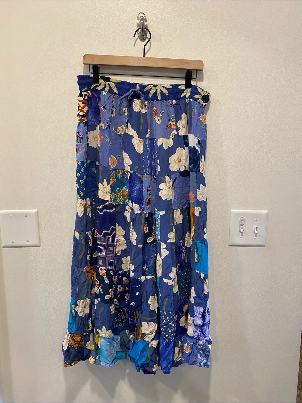 Vintage patchwork Maxi Skirt medium Mixed Print Floral Boho Hippie Y2K bell tie